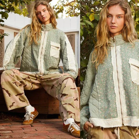 POL Quilted Jacket with Floral Print and Patchwork Seafoam NWT - Picture 2 of 2